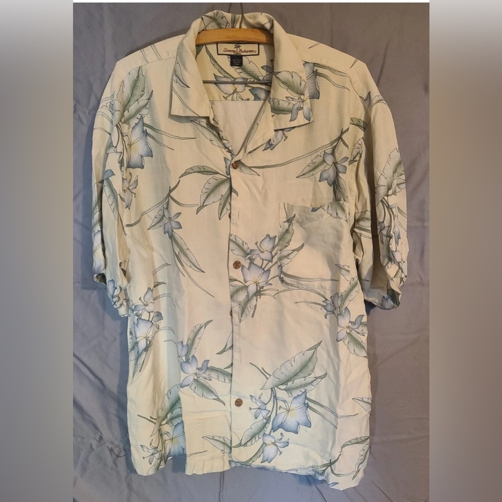 Tommy Bahama Silk Shirt with Blue and Green Floral Design